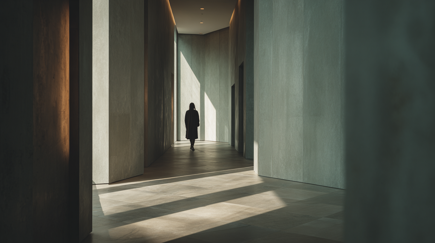 A figure walking down a quiet, softly lit corridor